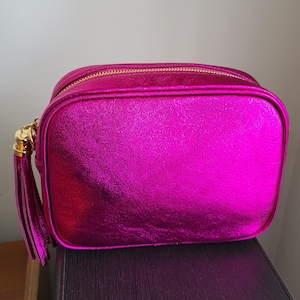 Sac à bandoulière cuir véritable métallisé fuchsia - Sac trotteur à bandoulière - Sac  cuir irisé - Pochette femme -Cadeau pour elle