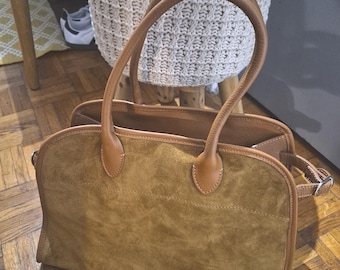 Suede bowling bag with shoulder strap - Women's weekend bag - Trendy women's bag - Italian leather bag - Camel leather shoulder bag
