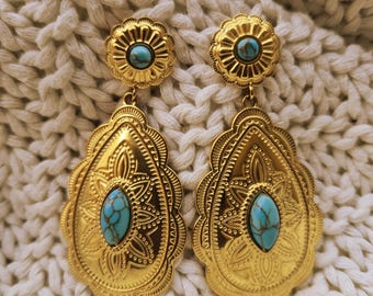 Gold drop earrings with turquoise stones - Bleu Cyclades Collection, luxury boho chic jewelry - Greek jewelry