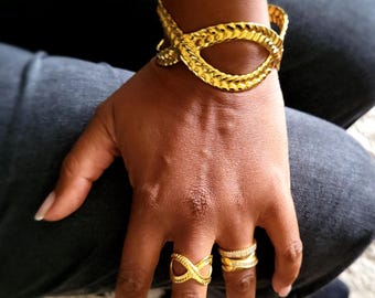 Women's Bangle Bracelet & Ring Set - Adjustable Stainless Steel Twisted Bangle Jewelry - Twisted Jewelry - Boho Jewelry