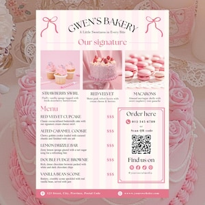 Puede incluir: Un menú de panadería rosa con el texto "GWEN'S BAKERY" y "A Little Sweetness in Every Bite." El menú presenta imágenes de cupcakes, un pastel y macarons. Enumera artículos como Red Velvet Cupcake, Altered Caramel Cookie y Lemon Drizzle Bar.