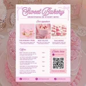 編集可能なマーケティング用ベーカリーチラシ、ピンクケーキのメニューテンプレート、カップケーキの価格表、クッキービジネスマーケティング、DIYデザートショップシート、Canva