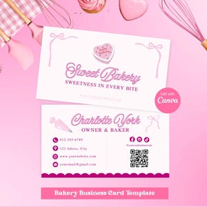 Pink Bakery Business Card, Cupcake Name Card, Cake Decorator Marketing, Sweet Treat Branding, Editable Canva Template QR Code Printable