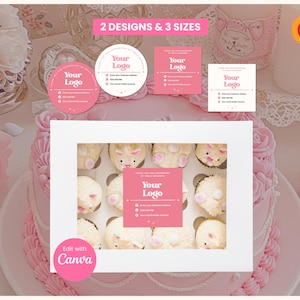 May include: A pink cake with a white box of cupcakes, featuring a variety of pink and white labels with the text "Your Logo". The image also includes the text "2 Designs & 3 Sizes" and "Edit with Canva".