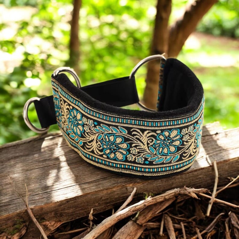Puede incluir: Un collar de perro negro con un patr&oacute;n floral turquesa y dorado. El collar est&aacute; acolchado y tiene dos anillos en D plateados.