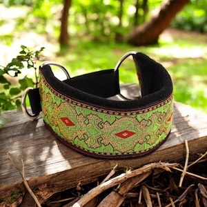 Puede incluir: Un collar de perro con estampado verde, dorado y rojo con forro acolchado negro y herrajes met&aacute;licos plateados.