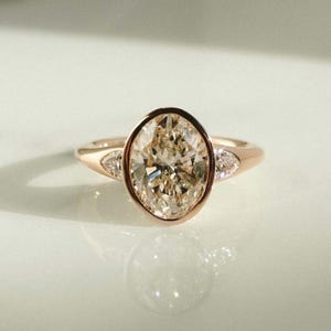 2.50 CT Oval Cut Moissanite Engagement Ring, Bezel Set Ring, Three Stone Ring, 14K Yellow Gold Ring, Promise Ring, Anniversary Gift For Her.