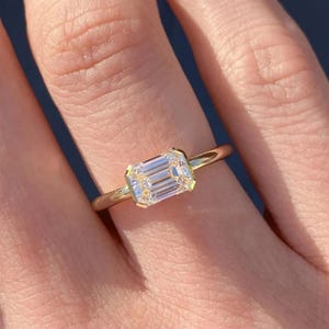 1.50CT Emerald Cut Moissanite Diamond East West Engagement Ring | 10/14/18K Solid Gold Half Bezel Setting Ring | Anniversary Ring For Her