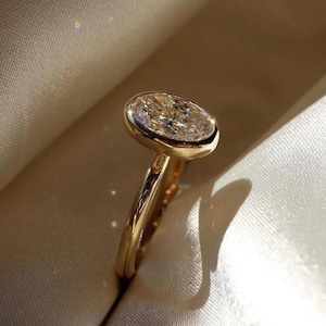 2 CT Oval Cut Moissanite Engagement Ring, Bezel Set Ring, Oval Solitaire Ring, 14K Yellow Gold Ring, Promise Ring, Anniversary Gift For Her.