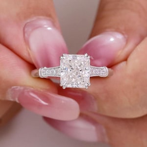 Radiant Cut Diamond Engagement Ring – Vintage-Inspired Bridal Ring, White Gold Band with Accent Diamonds, Elegant Wedding Jewelry Gift