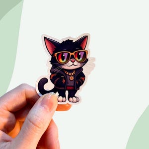 Pegatina de gato con estilo, gato genial con gafas, pegatina estética elegante y divertida para portátiles y diarios, laminada resistente al agua