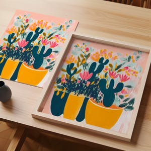 Impresión de cactus con flores vibrantes en maceta / Arte de pared botánico audaz y moderno / Póster de jarrón de flores contemporáneo / Acento artístico de decoración del hogar