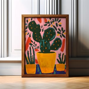 Impresión de cactus con flores vibrantes en maceta / Arte de pared botánico audaz y moderno / Póster de jarrón de flores contemporáneo / Acento artístico de decoración del hogar