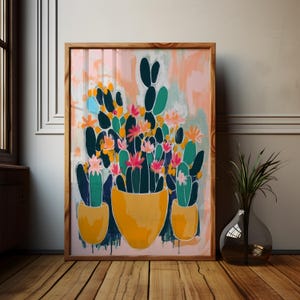 Impresión floral alegre y vivaz en maceta / Arte mural botánico contemporáneo / Póster artístico con jarrón de cactus / Decoración única para el hogar