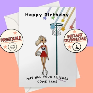 Netball Player Geburtstagskarte | Netball Liebhaber Grußkarte | Geschenk für Netball Spieler | Netzball Team Sport Karte | Druckbare digitale Datei