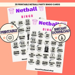 May include: Two printable Netball Bingo cards against a pink backdrop. The cards display Netball Bingo terms in white circles, purple text, and a printable icon. The words "PRINTABLE" and "INSTANT DOWNLOAD" are also visible.