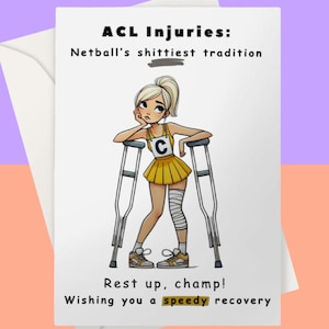 May include: A cartoon illustration of a female athlete with a leg injury, using crutches. She is wearing a yellow and white uniform with a "C" on the front. The text reads "ACL Injuries: Netball's shittiest tradition" and "Rest up, champ! Wishing you a speedy recovery."