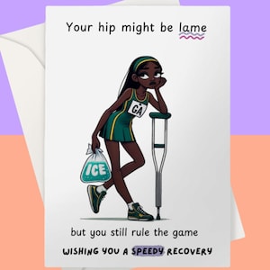 Blessure à la hanche drôle de netball carte de vœux | Carte de rétablissement après une blessure sportive | Carte Pensez à vous pour les joueurs de netball | Bonne chance pour une chirurgie de la hanche