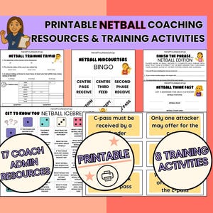 May include: Printable netball coaching resources and training activities. Includes trivia, bingo, and icebreaker games. Features 17 coach admin resources and 8 training activities. The image has a pink background with text and illustrations.