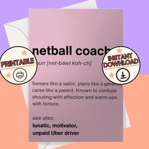 Cartão engraçado com substantivo para treinador de netball para imprimir | Cartão de aniversário para treinador de netball | Cartão de agradecimento para treinadores de netball | Cartão para treinadores de netball | Download digital
