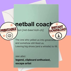 Afdrukbare kaart netbalcoach | Afscheidskaart korfbalcoach | Kaart korfbalteam | Grappige kaart voor zelfstandig naamwoord netbalbus | Digitale download