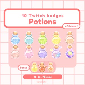 Peut inclure: Ensemble de 10 badges Twitch représentant des fioles de potions de différentes couleurs, avec trois badges bonus. Le texte indique "10 badges Twitch Potions" et "+ 3 bonus !". Les badges sont de style dessin animé.