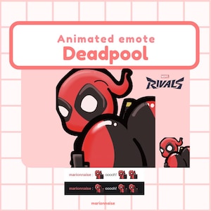 Puede incluir: Emoticono animado de Deadpool con un traje rojo y negro. La imagen incluye el texto "Animated emote Deadpool" y el logotipo de Marvel Rivals. También hay emoticonos más pequeños de Deadpool.