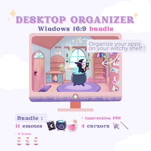 Può includere: Un monitor di computer che mostra un tema di organizzatore desktop con un'estetica da strega. Il tema presenta un gatto nero seduto in un calderone, una libreria piena di pozioni e una finestra con vista su una foresta. Il testo "Organizza le tue app sul tuo scaffale da strega!" è visualizzato sullo schermo. Il pacchetto include 11 emoji, 4 cursori e 3 articoli bonus.