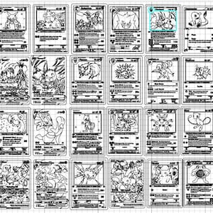 Peut inclure: Ensemble de cartes à collectionner en noir et blanc, chacune représentant un personnage de dessin animé différent. Les cartes présentent des illustrations, du texte et des valeurs numériques. Les cartes sont disposées en grille, présentant une variété de designs.