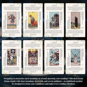 May include: A tarot deck with 8 cards displayed. Each card has a colorful illustration and text that includes the card name, upright keywords, reversed keywords, and upright and reversed meanings. The cards are: Page of Cups, Strength, Queen of Cups, The Tower, Death, The Lovers, Knight of Swords, and Two of Swords.