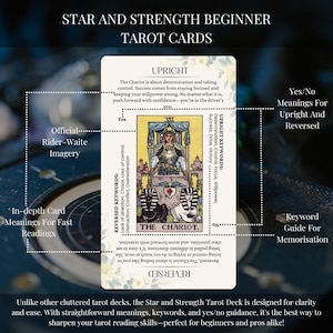 May include: A tarot card with a chariot and a rider in a crown. The card is labeled "The Chariot" and has keywords for upright and reversed meanings. The card is part of a tarot deck designed for beginners.