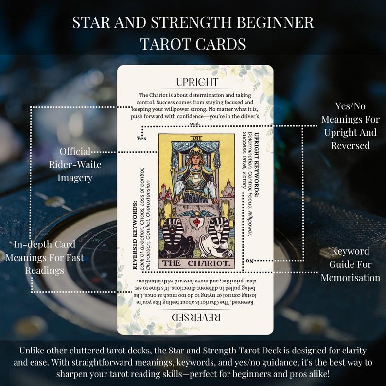 May include: A tarot card with a chariot and a rider in a crown. The card is labeled "The Chariot" and has keywords for upright and reversed meanings. The card is part of a tarot deck designed for beginners.