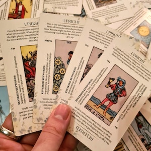 May include: Close-up of four tarot cards, including the Seven of Pentacles, the Page of Cups, and the Ace of Swords. The cards are held in a hand, and the text on the cards is visible. The cards are white with black and gray text. The cards are part of a tarot deck.