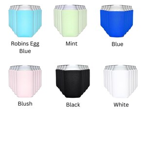 May include: A collection of beverage can coolers in various colors, including Robins Egg Blue, Mint, Blue, Blush, Black, and White. Each cooler is designed to fit around a standard can, with the color names printed below each group.