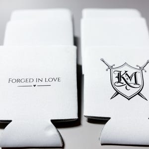 Medieval Wedding Koozie Forged in Love Wedding Favor Crest Monogram Koozie Fantasy Wedding Decor Custom Wedding Can Cooler image 6