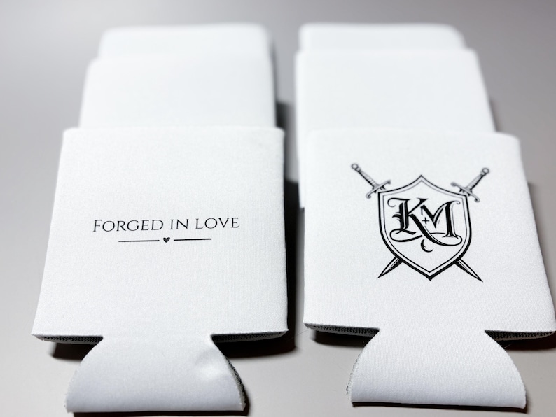 Medieval Wedding Koozie Forged in Love Wedding Favor Crest Monogram Koozie Fantasy Wedding Decor Custom Wedding Can Cooler image 6