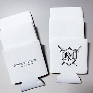 Medieval Wedding Koozie Forged in Love Wedding Favor Crest Monogram Koozie Fantasy Wedding Decor Custom Wedding Can Cooler image 8