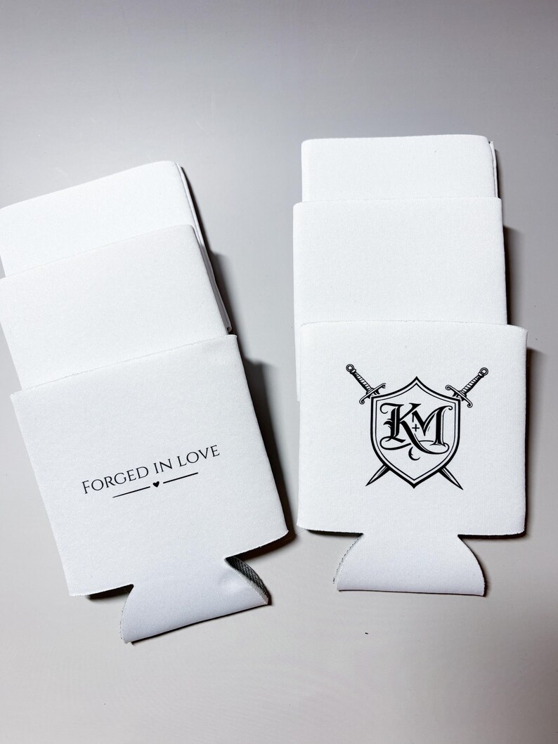 Medieval Wedding Koozie Forged in Love Wedding Favor Crest Monogram Koozie Fantasy Wedding Decor Custom Wedding Can Cooler image 8