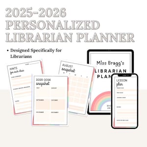 Puede incluir: Un planificador digital para bibliotecarios con un diseño de arcoíris. El planificador incluye páginas para planes de lecciones, sugerencias para cada clase y una instantánea mensual para el año escolar 2025-2026.