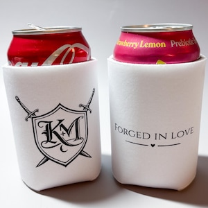 Medieval Wedding Koozie Forged in Love Wedding Favor Crest Monogram Koozie Fantasy Wedding Decor Custom Wedding Can Cooler image 4