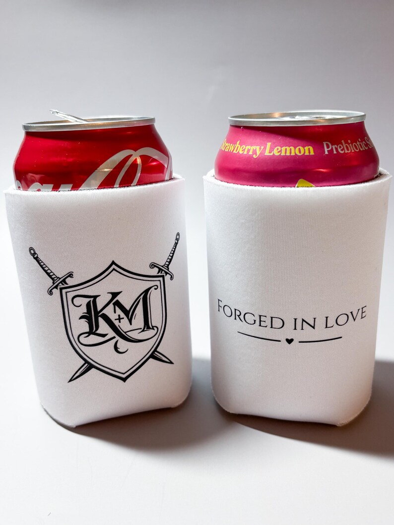 Medieval Wedding Koozie Forged in Love Wedding Favor Crest Monogram Koozie Fantasy Wedding Decor Custom Wedding Can Cooler image 4