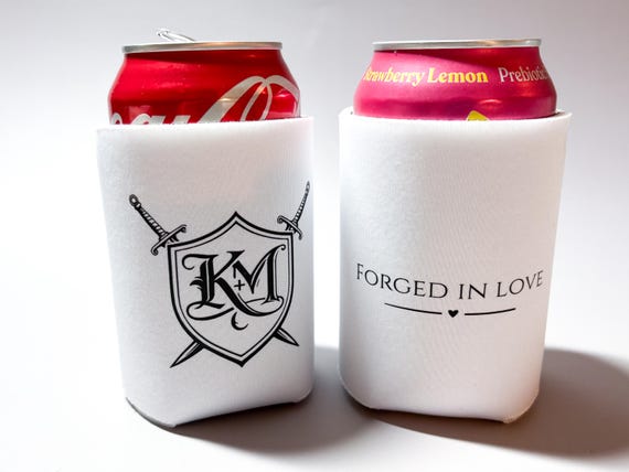 Medieval Wedding Koozie Forged in Love Wedding Favor Crest Monogram Koozie Fantasy Wedding Decor Custom Wedding Can Cooler