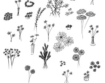 Druckbare einfache handgezeichnete Tinte Blumen Vielfalt