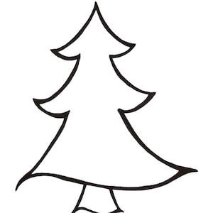 May include: A black outline drawing of a Christmas tree on a white background. The tree has a simple, stylized shape with a pointed top and curved branches. The image is a clean, minimalist design.