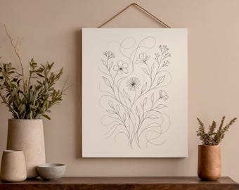 Stampa artistica botanica con linee sottili, arte murale minimalista con foglie, poster beige neutro, disegno moderno di piante, download digitale