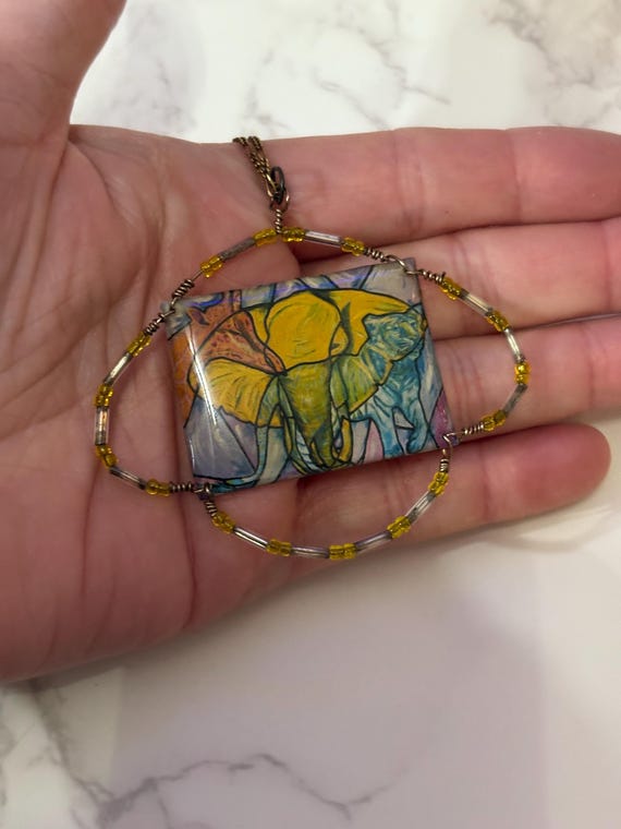 rectangular ceramic pendant necklace with an elep… - image 4