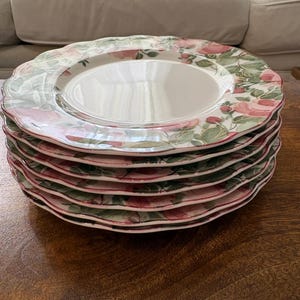Puede incluir: Una pila de seis platos llanos de cerámica redondos con borde festoneado y centro blanco. El ala ancha está decorada con un patrón de rosas rosadas y hojas verdes sobre un fondo crema, creando un borde floral en cada plato.