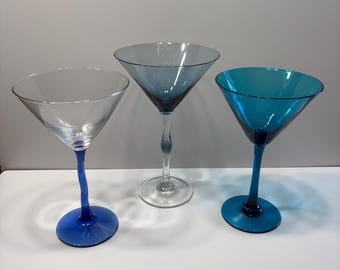 Vintage kristallen martiniglazen, blauw bargerei, set van 4