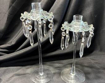 Vintage Heisey glazen kandelaars met prisma's, paar 16" en 15"
