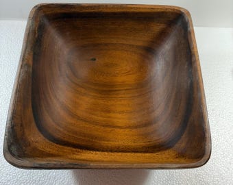 Teakwood Fruit Wood Square Bowl 9.5” x 9.5” Vintage turned from a single piece of wood